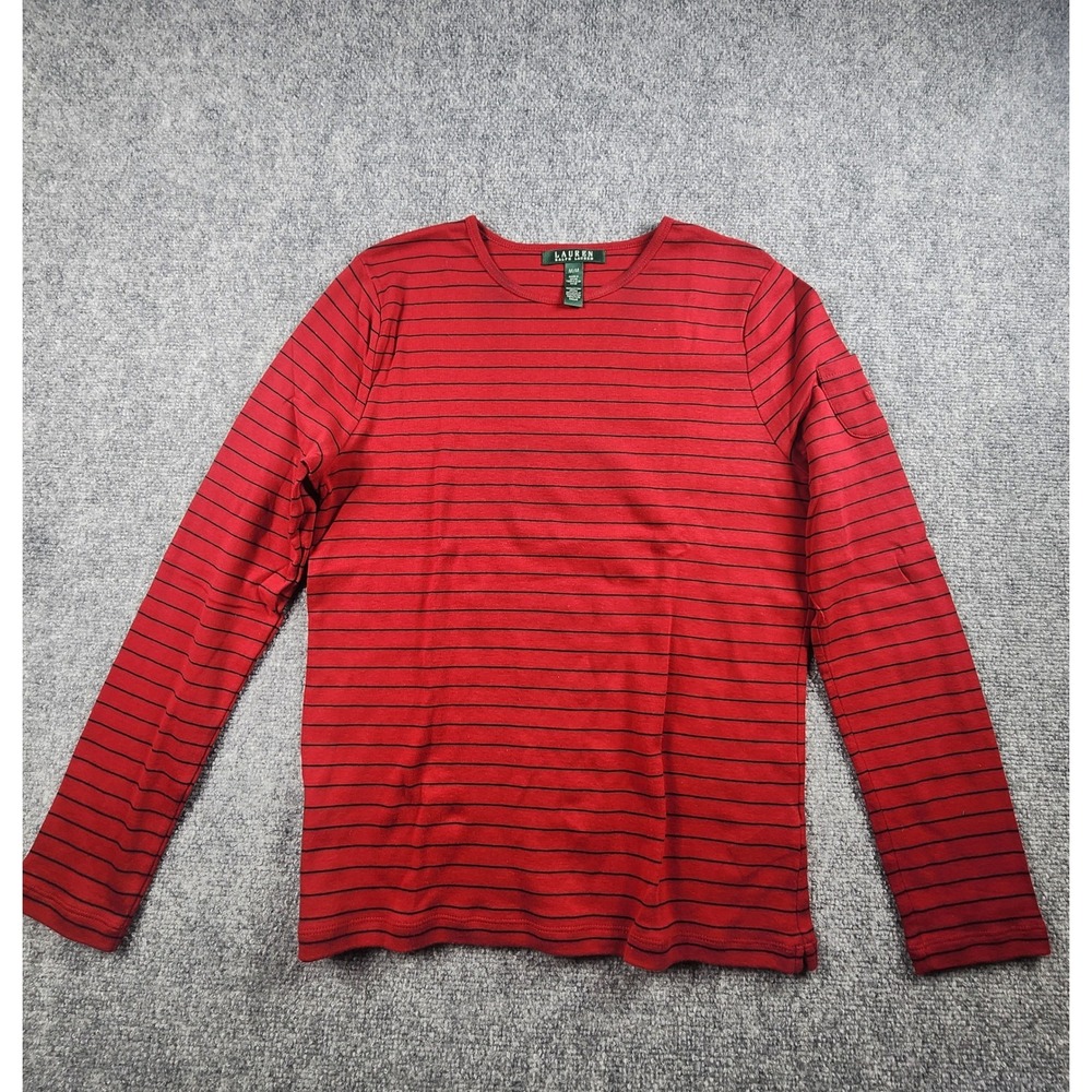 Lauren Ralph Lauren Womens Red Black Striped Long Sleeve Cotton T-Shirt Size M